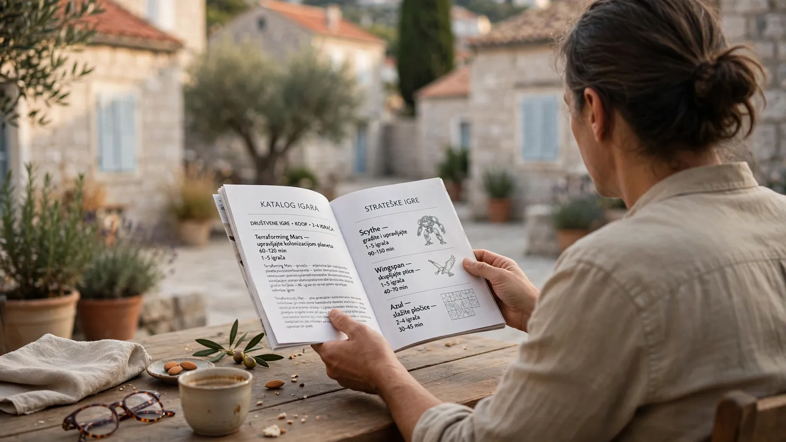 Osoba pregledava tiskani katalog igara za stolom